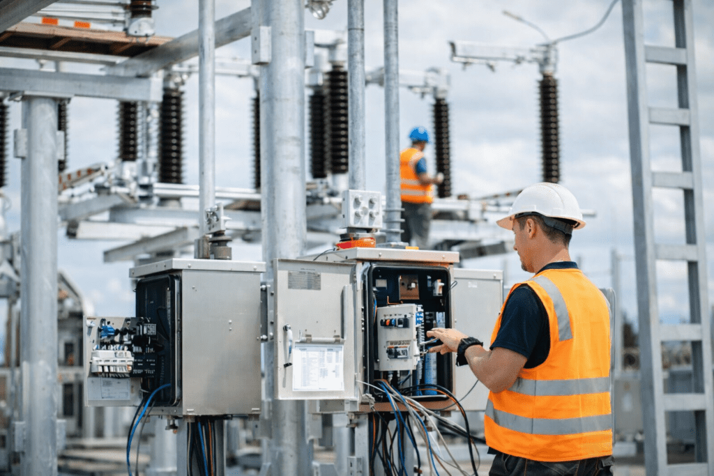 Technicians at work in substation - Wello Solutions | Best Field Service Management Software Technicians at work in substation