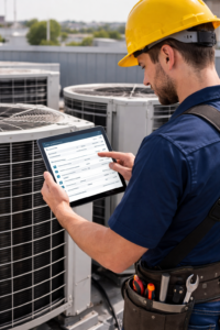 Field technician on rooftop with tablet