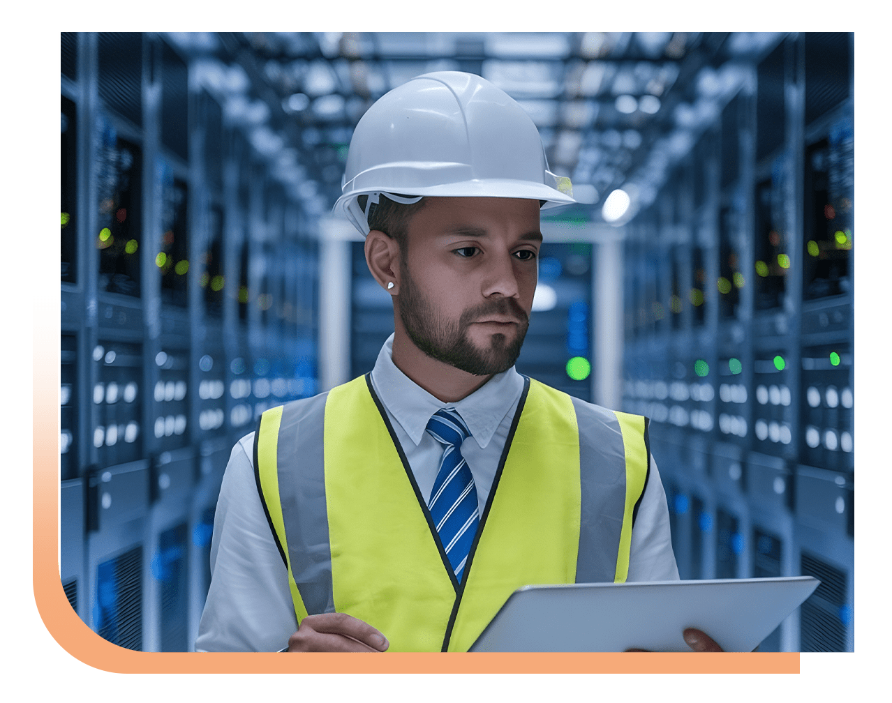 Male technician in a white hard hat and hi-vis vest reviewing data on a tablet in a server room.