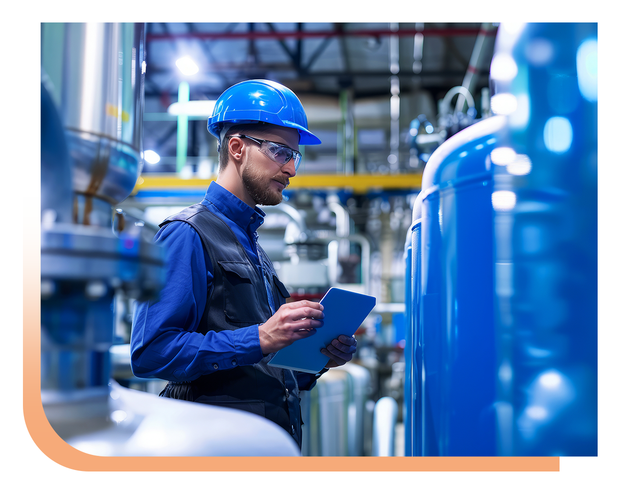 Industrial technician in a blue hard hat and safety gear inspecting equipment while holding a clipboard in a factory setting