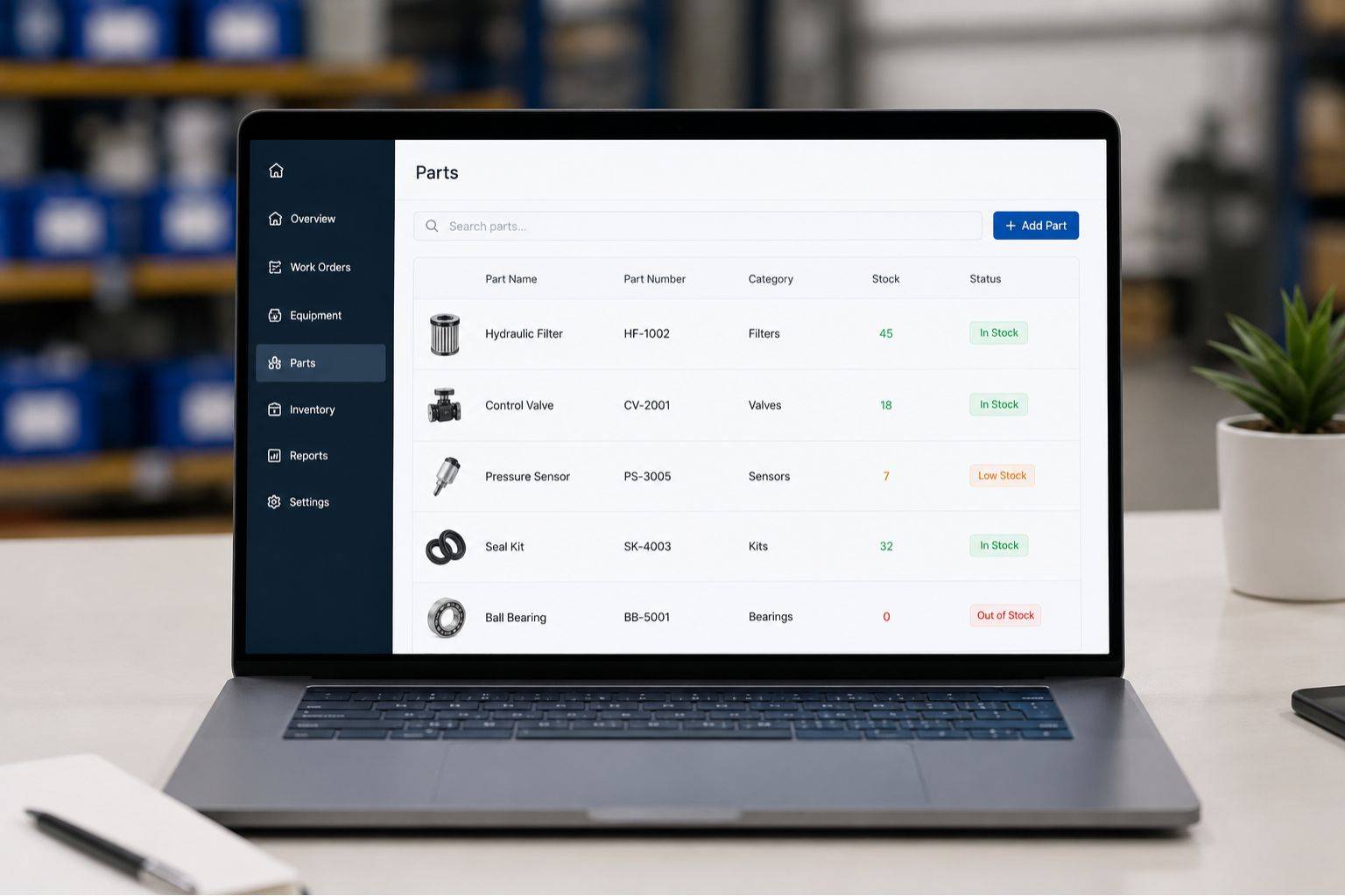 Modern workspace with parts inventory UI