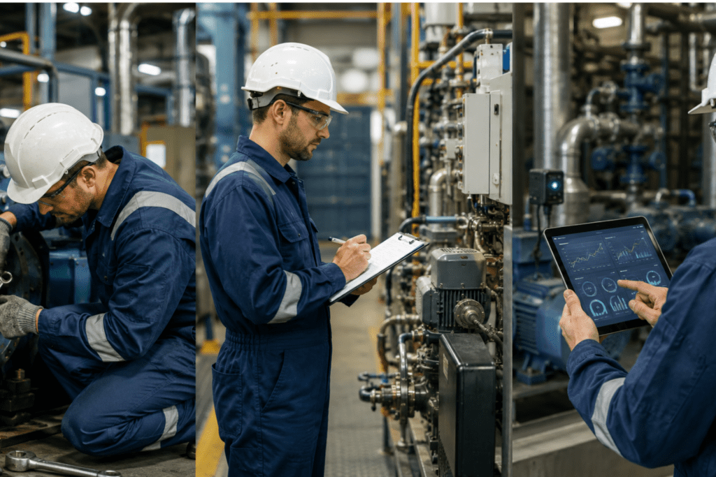 Maintenance technicians in hard hats inspect and document equipment in a factory setting.